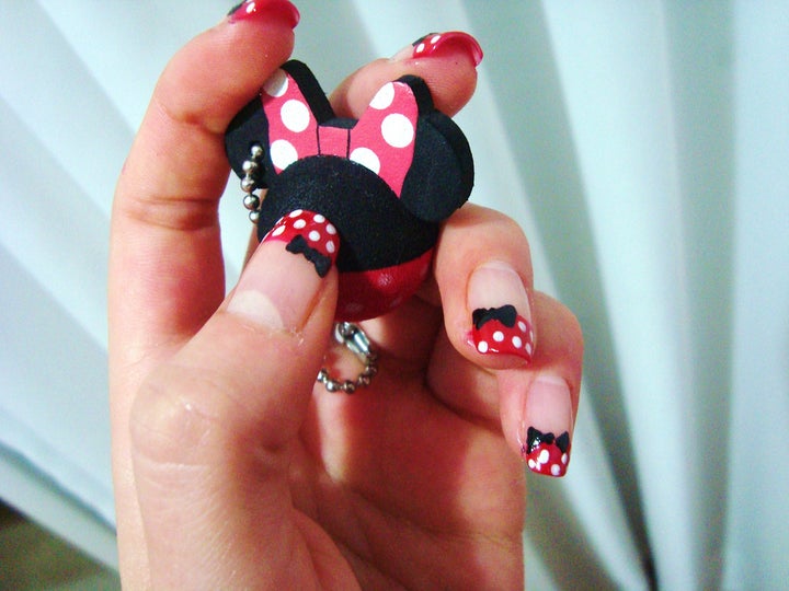 <p>French nails design to celebrate Minnie Mouse</p>