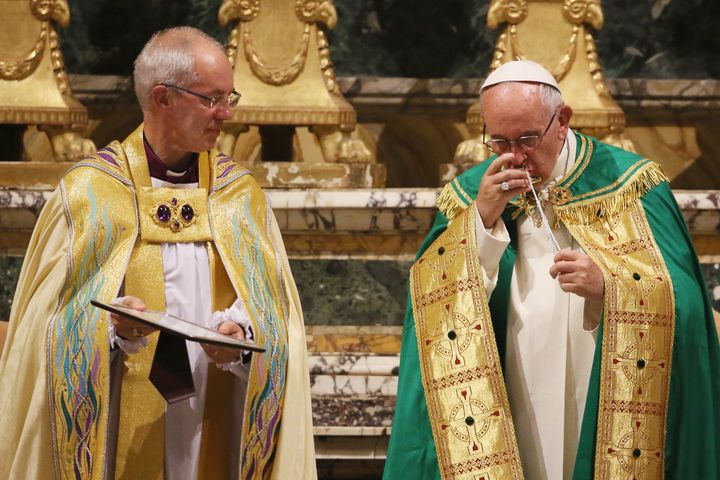 Welby (pictured with Pope Francis) said: 'Values built on feelings of threat and fear can lead us down a very dangerous path'.