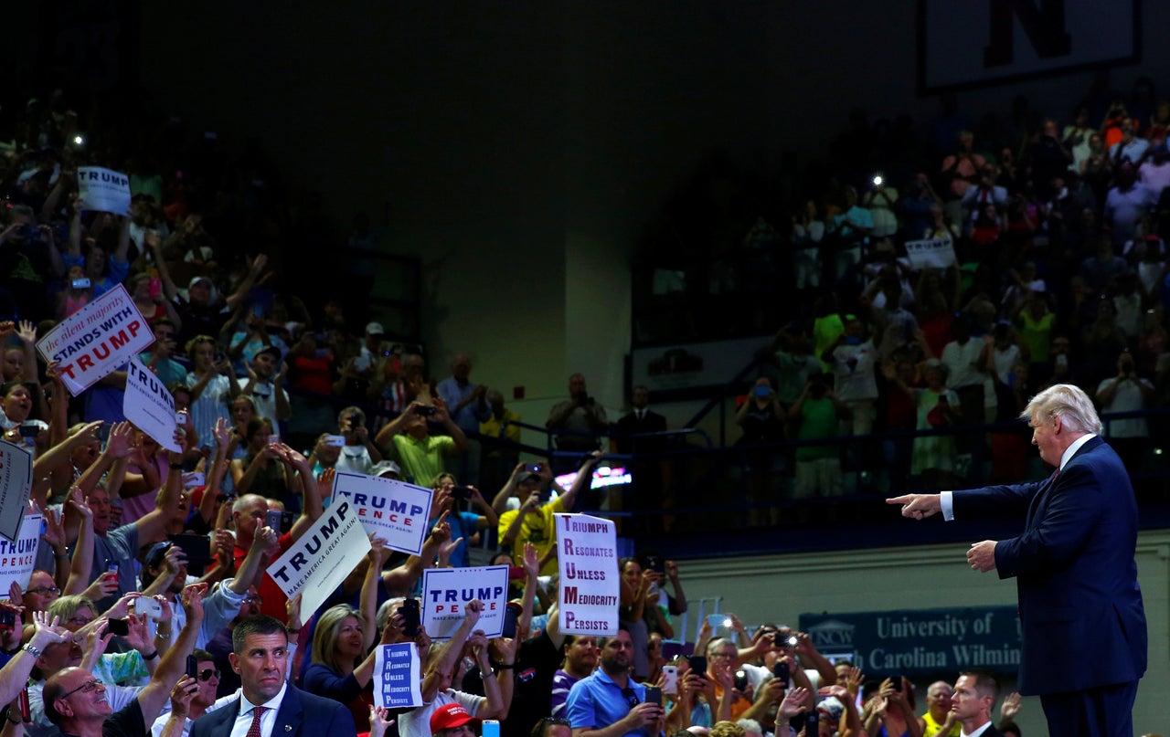 <strong>Donald Trump making claims of voter fraud during a speech in August at the University of North Carolina, Wilmington, US</strong>