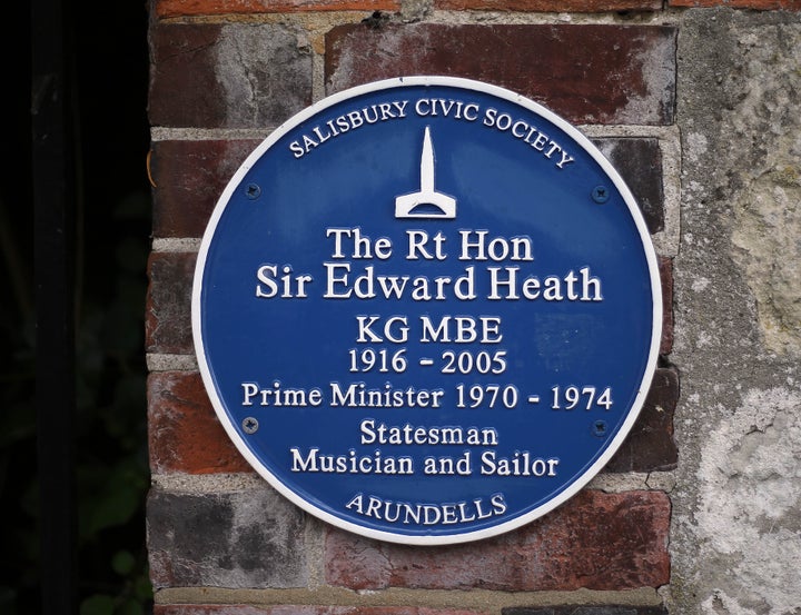 A blue plaque outside Arundells, the former home of Heath in Salisbury, Wiltshire