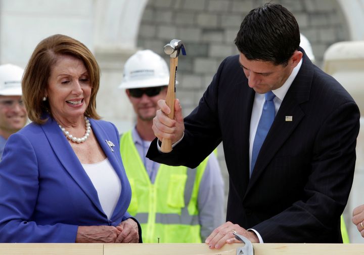 Pelosi will be a leading voice of opposition to Republicans in Congress and Donald Trump. She'll also work with the GOP when she can, like here, where she's supporting Speaker Paul Ryan (R) hammering a nail into a piece of wood.