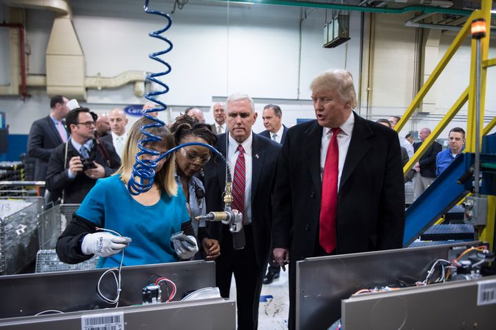 President-elect Donald Trump and Vice President-elect Mike Pence take a tour of Carrier Corporation in Indianapolis, Indiana, on Thursday.