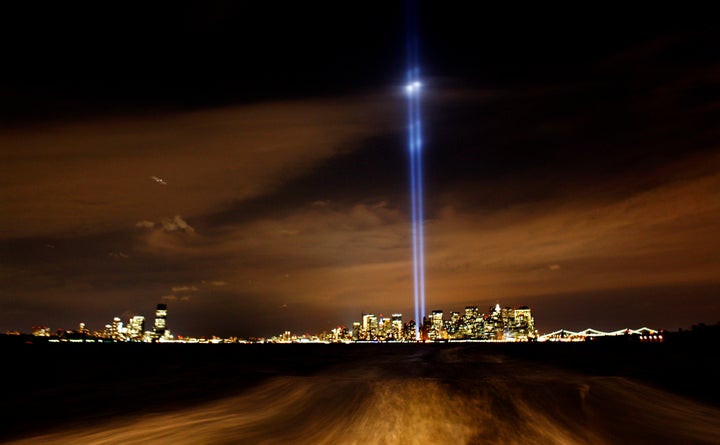 A photograph Ed Ou took in 2008 of the "Tribute in Lights" representing the towers of the World Trade Center as seen from the Staten Island Ferry.