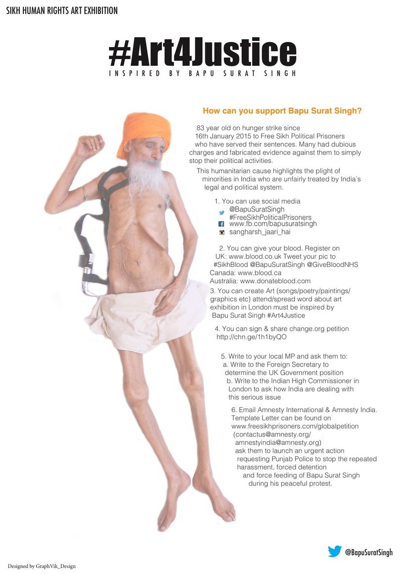 Poster detailing how one can help raise awareness for Bapu Surat Singh Khalsa and Sikh political prisoners (Courtesy of graph