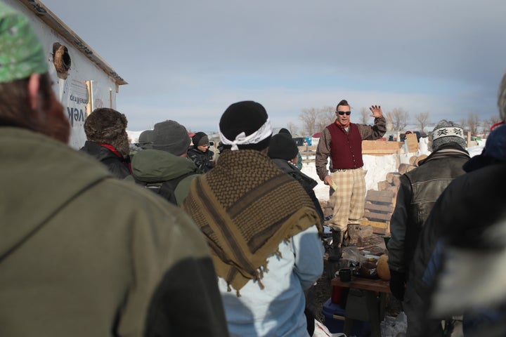 Military veterans are briefed on camp rules and their mission at Oceti Sakowin Camp on the edge of the Standing Rock Sioux Reservation on December 3, 2016 outside Cannon Ball, North Dakota.