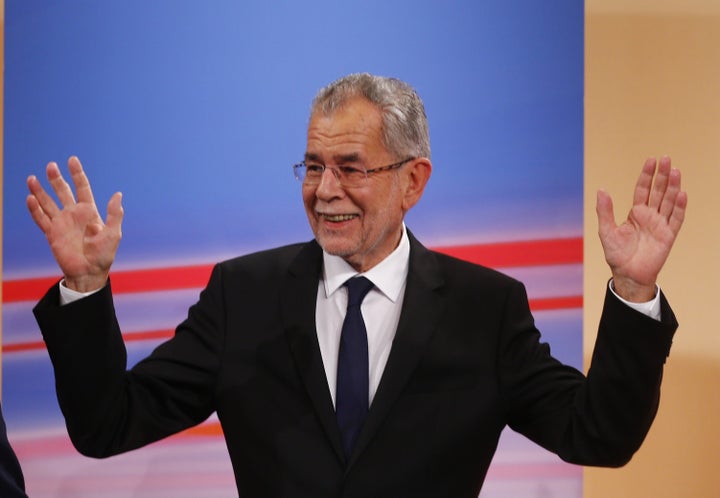 Austrian presidential candidate Alexander Van der Bellen, who is supported by the Greens, and reacts during a TV show in Vien