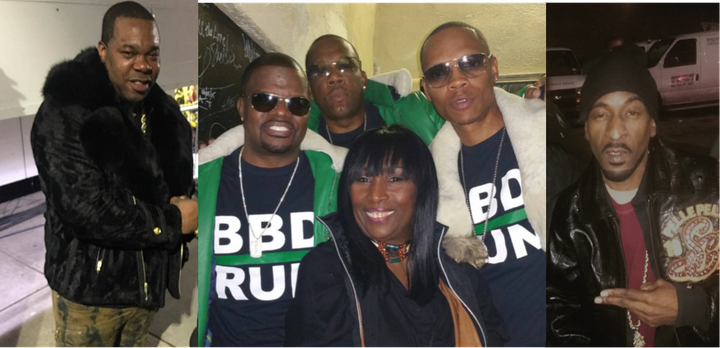 Busta Rhymes, Bell Biv DeVoe with Kiki Shepard, and Rakim pose for pics backstage before debuting their showstopping style. (Kiki is the original Showtime co-host and Style Queen)