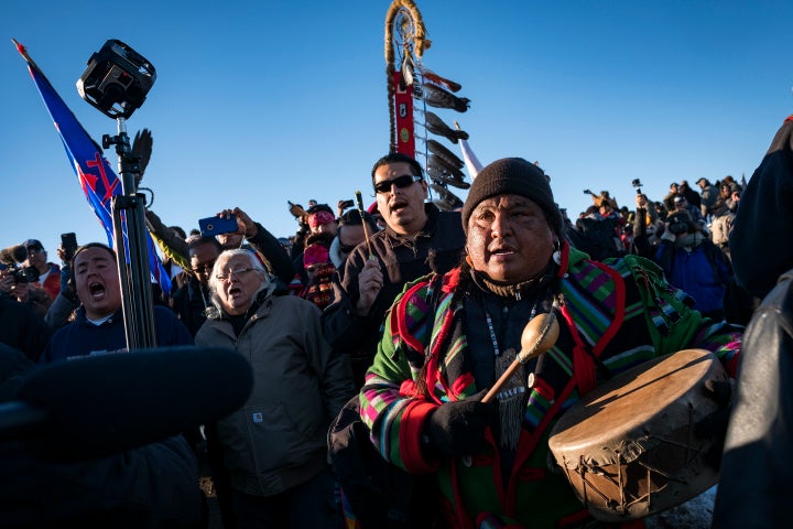 Dakota Access Pipeline protesters participate in a victory march to the Oceti Sakowin campground.