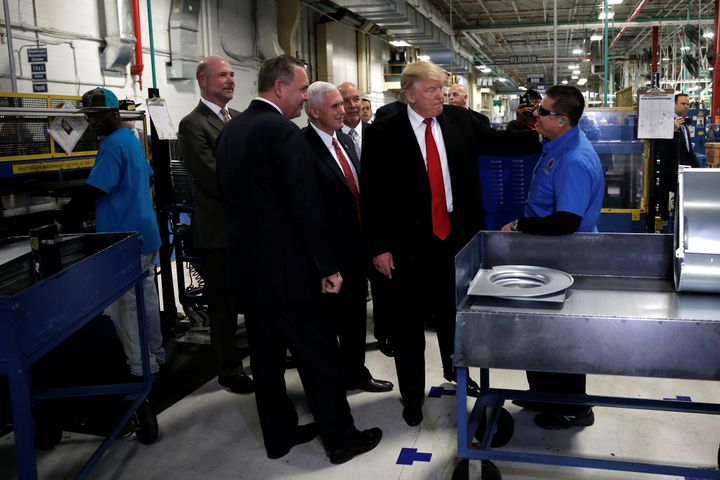 U.S. President-elect Donald Trump tours a Carrier factory with Greg Hayes, CEO of United Technologies (L) in Indianapolis, Indiana, U.S., December 1, 2016.
