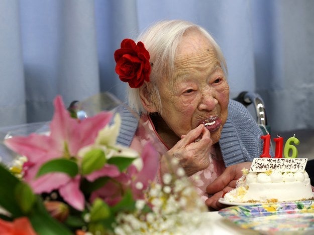 <p>Misao Okawa on her 116th birthday in 2014 in Osaka, Japan.</p>
