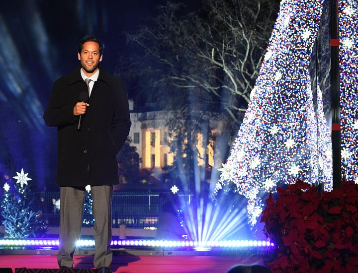 Dylan Carrejo, a 21CSC AmeriCorps member from the Texas Conservation Corps, introduces President Barack Obama at the 2016 National Christmas Tree lighting. 