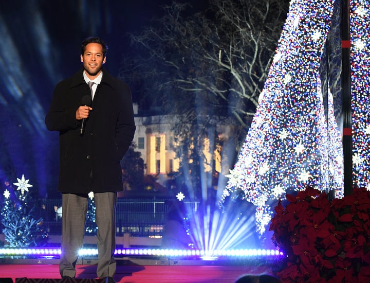 <p>Dylan Carrejo, a 21CSC AmeriCorps member from the Texas Conservation Corps, introduces President <a href="https://www.huffpost.com/news/topic/barack-obama">Barack Obama</a> at the 2016 National Christmas Tree lighting. </p>
