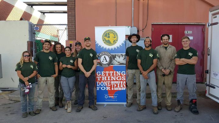 <p>Carrejo (third from right) and fellow AmeriCorps members on a Texas Conservation Corps disaster response team.</p>