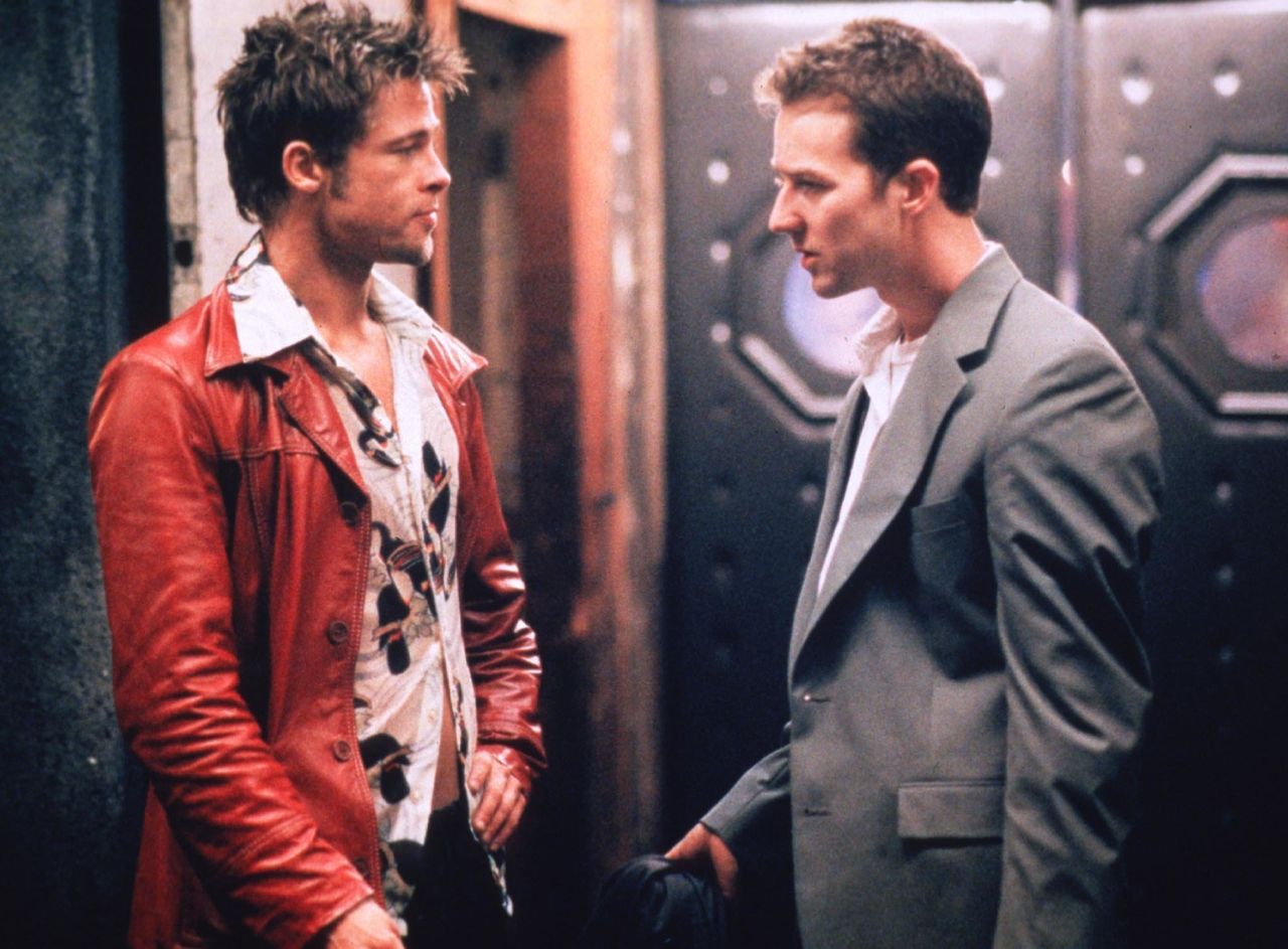Actors Brad Pitt and Edward Norton are shown in a scene from the film "Fight Club."