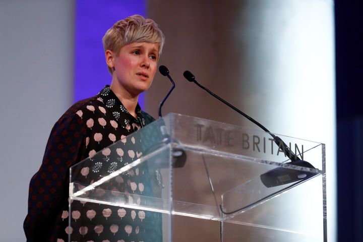<strong>Artist Helen Marten makes a speech after being announced as the winner of the Turner Prize at the Tate Gallery in London.</strong>