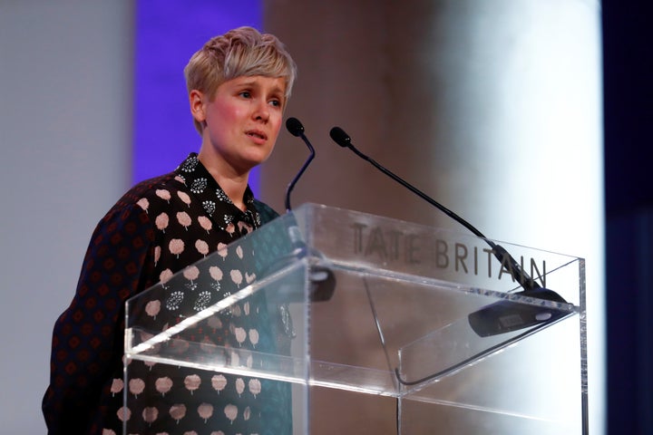 Artist Helen Marten makes a speech after being announced as the winner of the Turner Prize at the Tate Gallery in London.