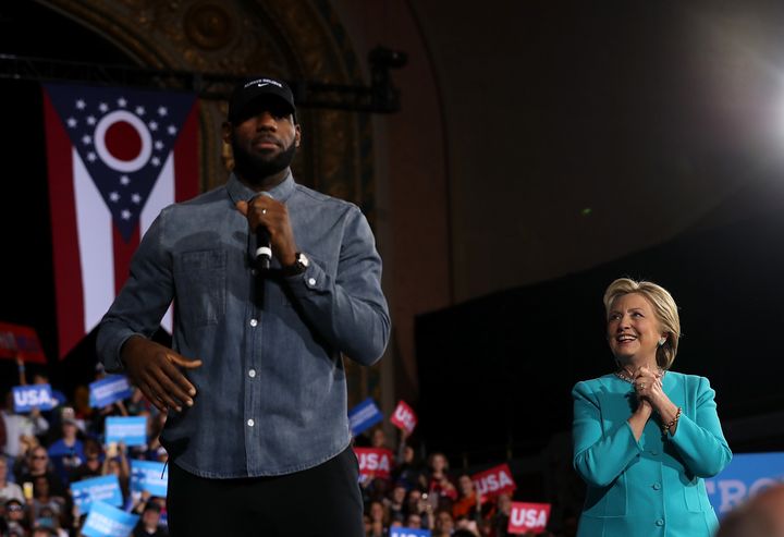 LeBron James speaks during a campaign rally in Cleveland on Nov. 6.