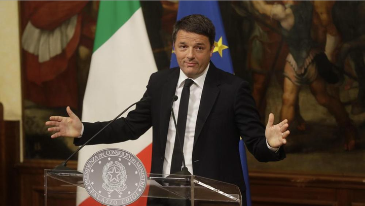 Italian Prime Minister Matteo Renzi announces his resignation during a press conference at Palazzo Chigi on Monday, Dec. 5, 2