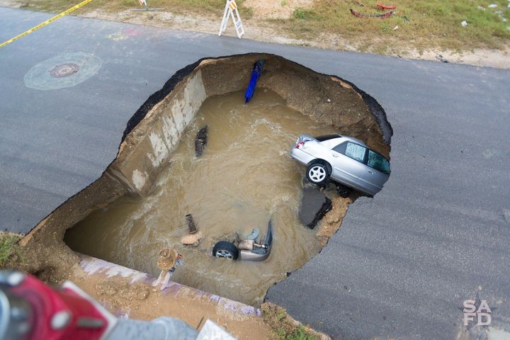 The sinkhole opened in San Antonio, Texas, on Sunday night 