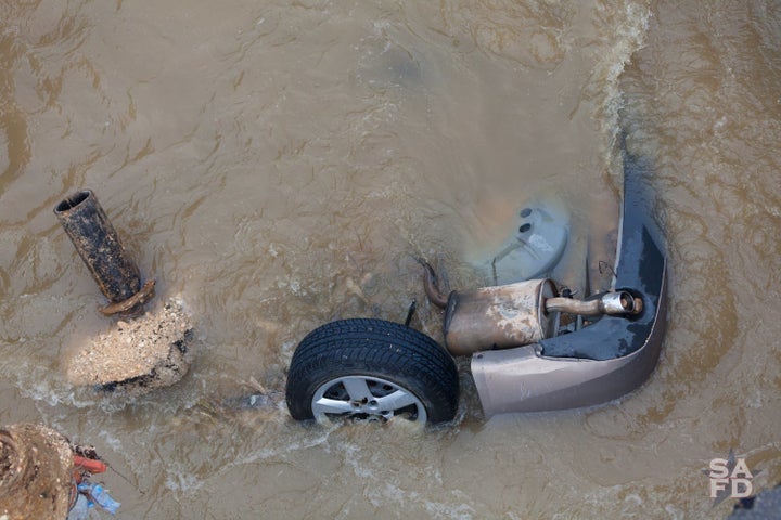 The sinkhole appeared after a sewer line erupted 