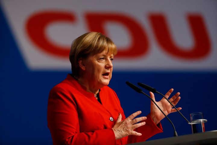 Angela Merkel addresses the CDU party convention in Essen, Germany on Tuesday
