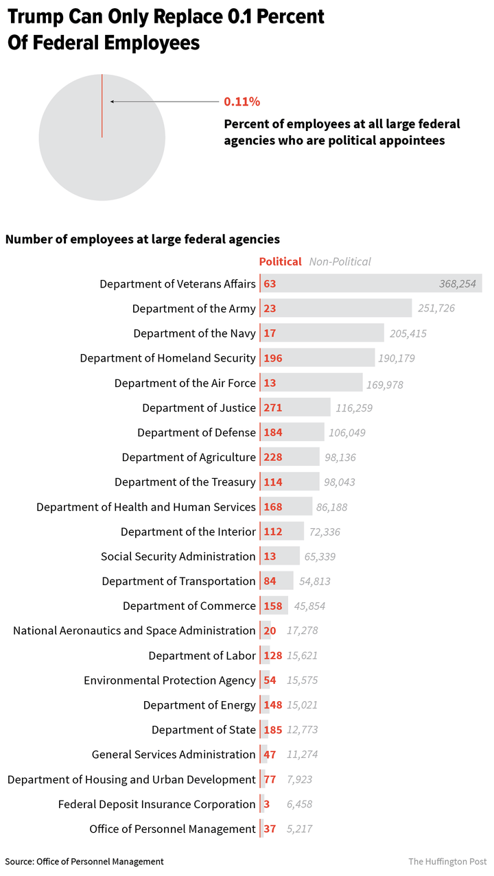 Non-political employees in the federal government vastly outnumber those with political appointments.