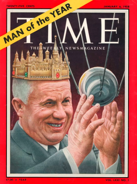 Nikita Khrushchev pictured with the Kremlin on his head and the Sputnik satellite in his hands