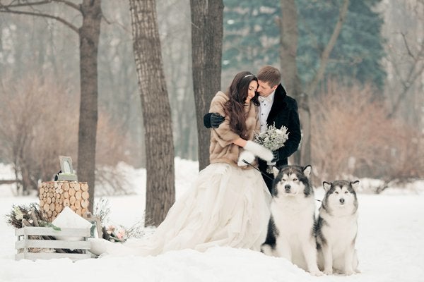 What’s a winter wedding photo without a pair of fluffy, adorable huskies? Their regal posture, a fresh covering of snow, and the bride’s layered ballgown and faux fur coat makes for an elegant vibe.