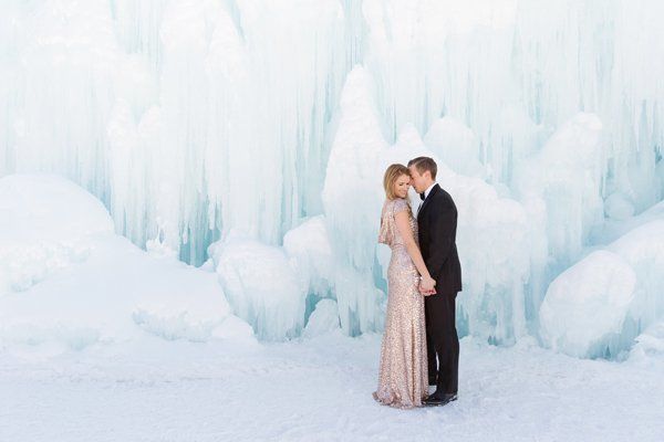 This ice castle is channeling some serious Elsa vibes. Icicles and a gold sequin dress make for a unique wedding photo. 