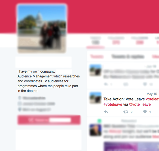 A 'Take Action: Vote Leave' message on the audience producer's Twitter