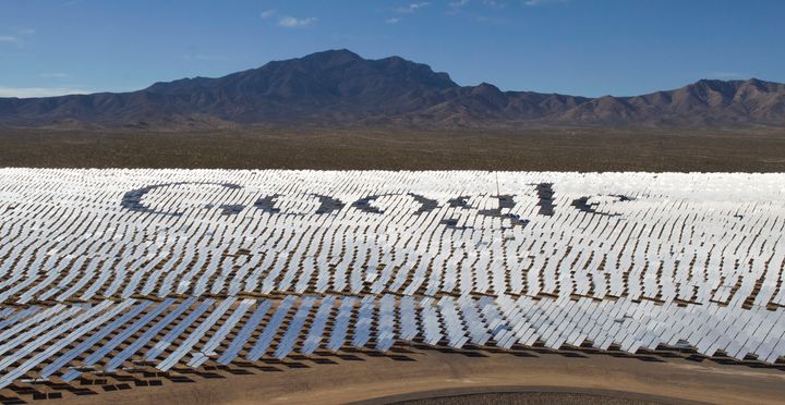 The Google logo is spelled out in heliostats (mirrors that track the sun and reflect the sunlight onto a central receiving point) at the Ivanpah Solar Electric Generating System in the Mojave Desert near the California-Nevada border.