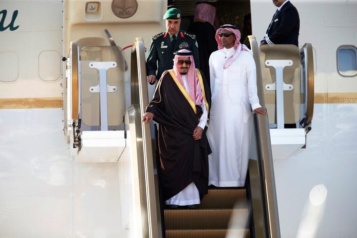 Saudi King Salman bin Abdulaziz Al-Saud arrives at Sakhir VIP airport to attend the Gulf Cooperation Council's (GCC) 37th Sum