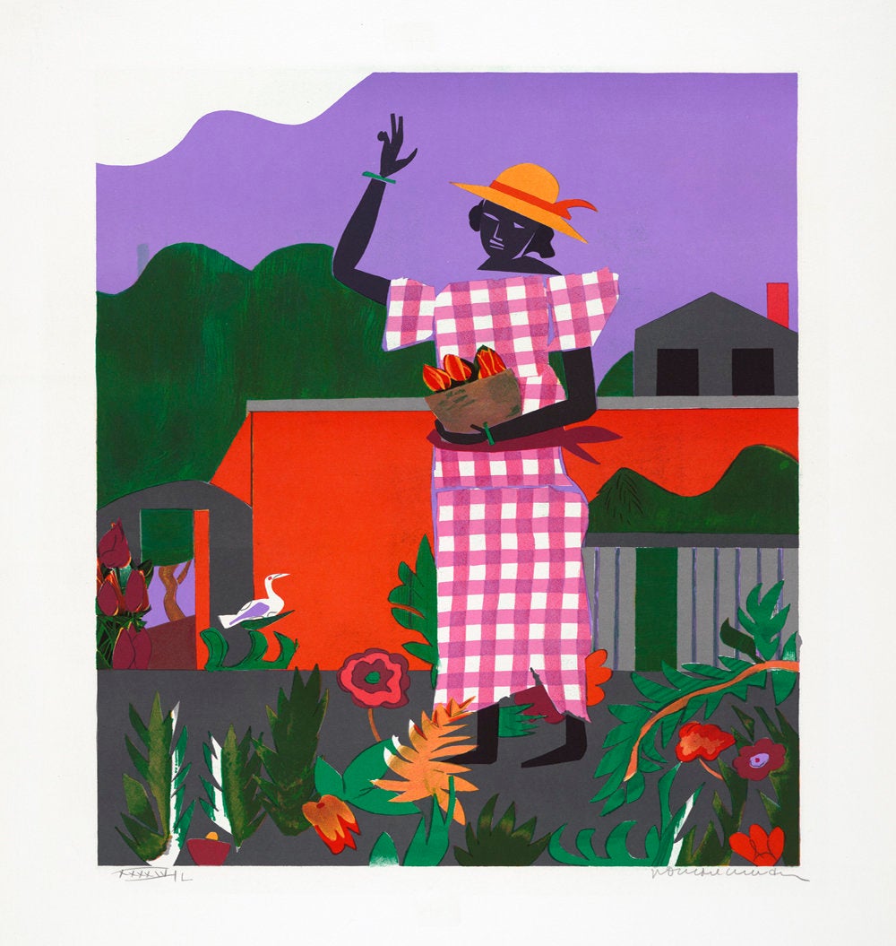 Romare Howard Bearden, “American Portfolio: Girl in the Garden, edition XXXXIV/L,” silkscreen, 1980.