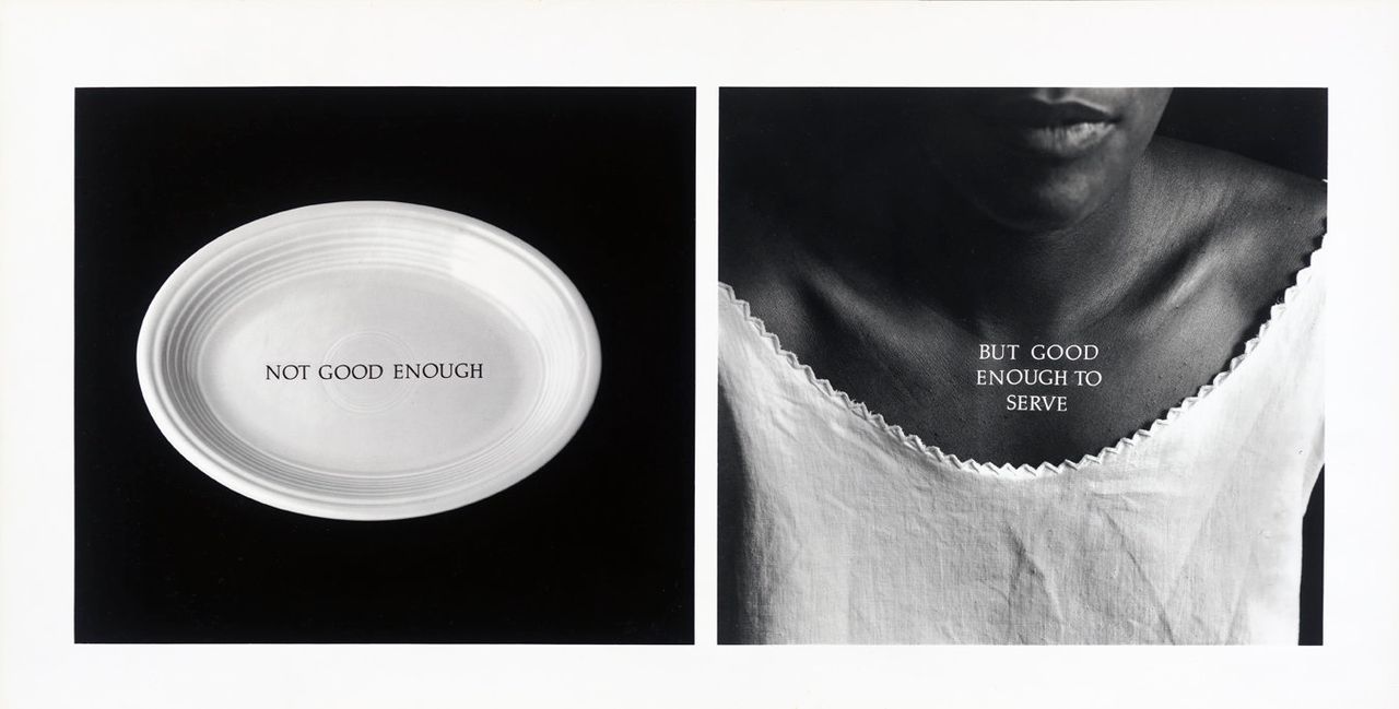Lorna Simpson, “C-Rations, edition of 50,” silver gelatin print, 1991.<br>