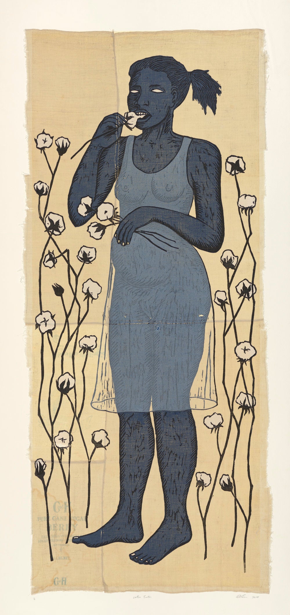 Alison Saar, “Cotton Eater, edition 1/6,” woodcut on found sugar sack quilt, 72 x 34 in., 2014.