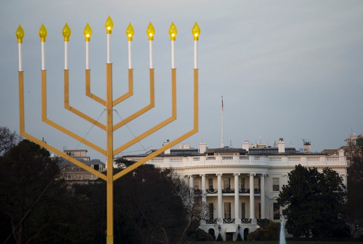 The National Menorah, part of the Jewish holiday of Hanukkah, is seen near the White House in Washington, DC on December 10,