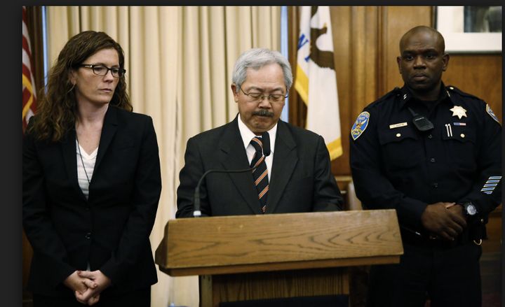 SF Police Commission President Suzy Loftus and Mayor Ed Lee announce Toney Chaplin’s appointment as Interim Chief of SFPD May 19, 2016, City Hall.