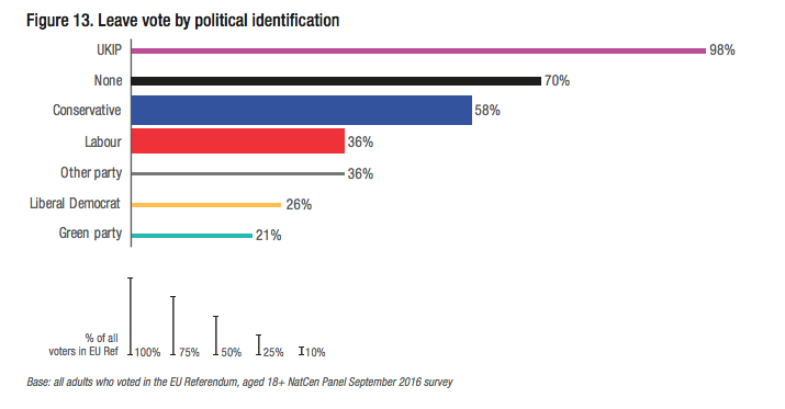 The vote to Leave ran largely down party lines, the report found