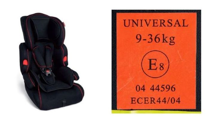 Left: One of the affected car seats. Right: The code for parents to look out for. 