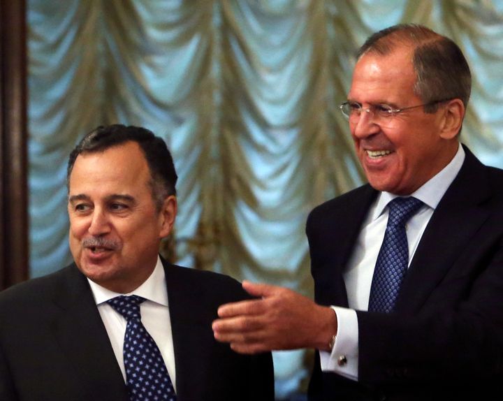 Russian Foreign Minister Sergei Lavrov, right, welcomes his Egyptian counterpart Nabil Fahmy during their meeting in Moscow on Sept. 16, 2013.