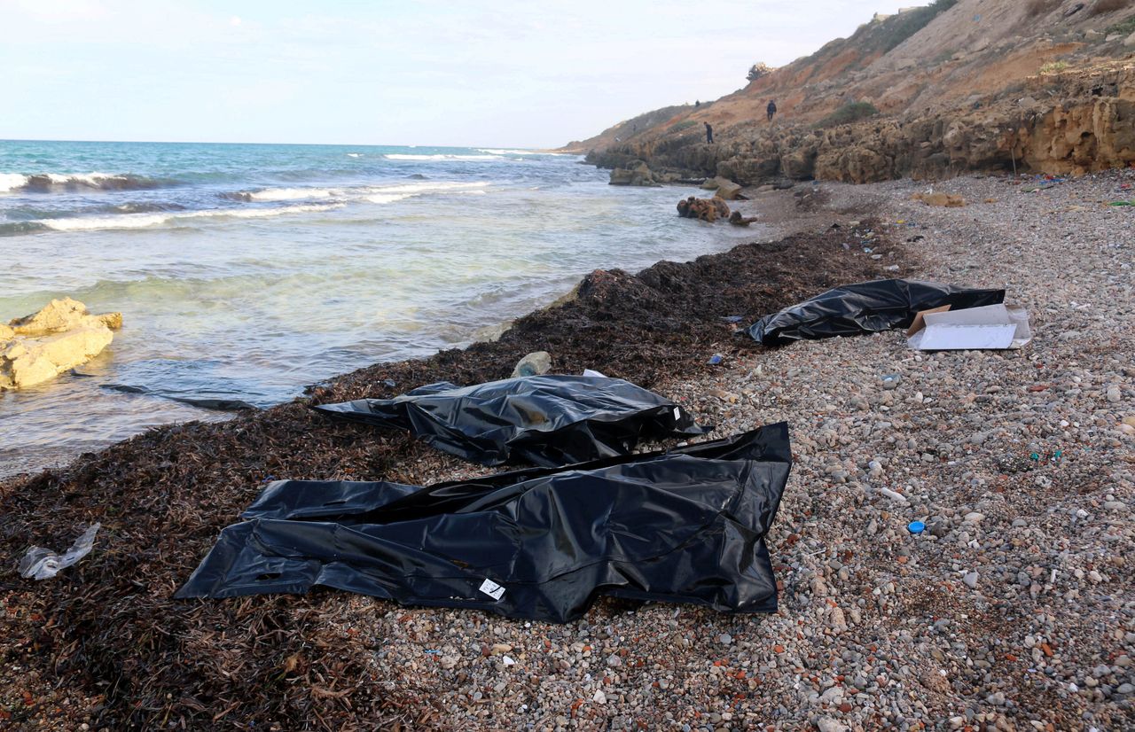 The dead bodies of migrants that washed ashore are seen in body bags at a beach in the coastal town of Tajoura, east of Tripoli, Libya December 7, 2016.