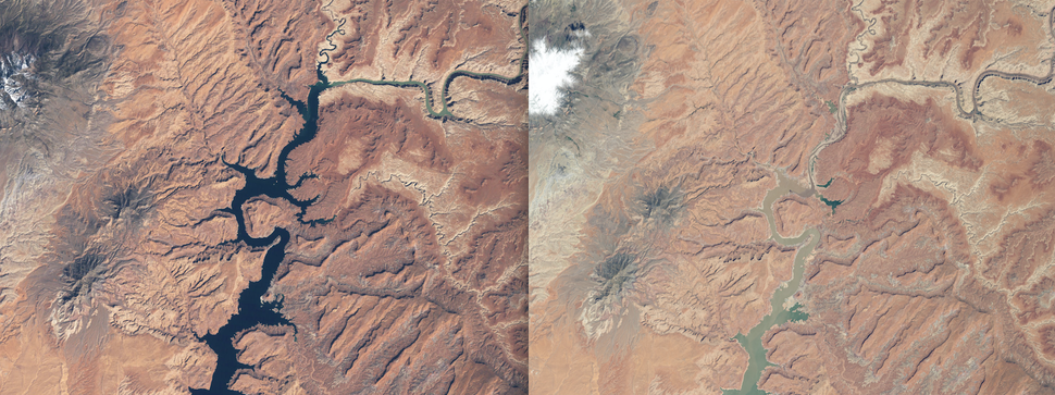 Prolonged drought and mismanagement have caused a dramatic drop in Lake Powell's water level. These images show the northern