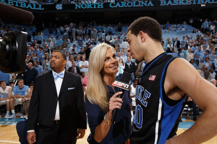 Ponder, working the sidelines of a 2013 college basketball game between Duke and North Carolina.