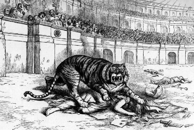 “What are you going to do about it?” Thomas Nast cartoon showing Tammany Hall as a tiger consuming democracy.
