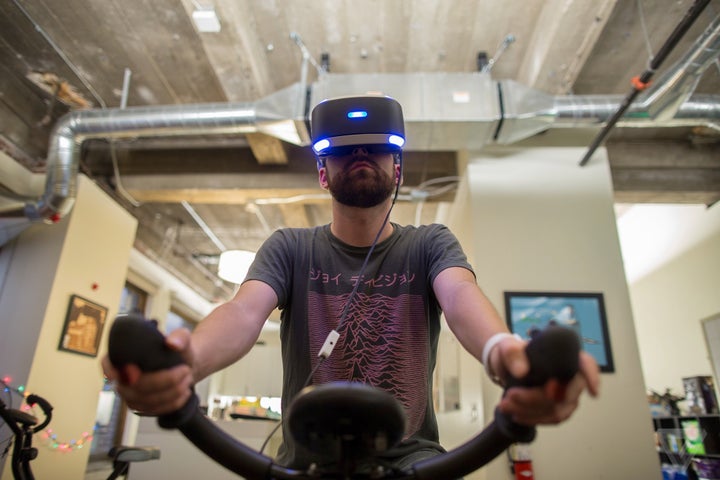 <p>Exercise in virtual reality with VirZoom. </p>