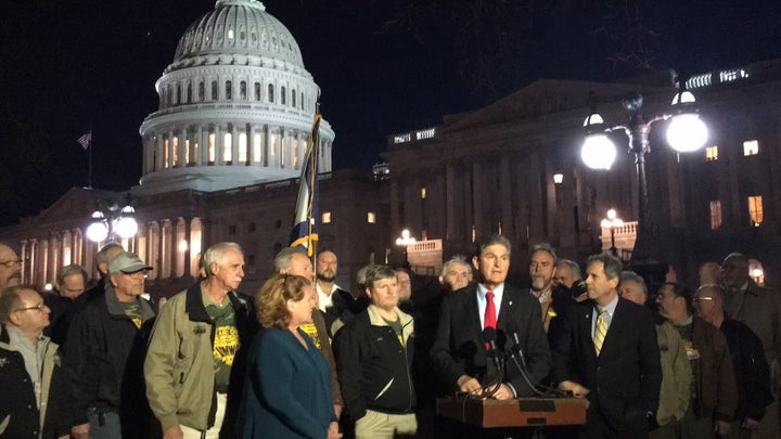 Sen. Joe Manchin (D-W.Va.) joined by United Mine Workers representatives and Sens. Heidi Heitkamp (D-N.D.) and Sherrod Brown (D-Ohio), called for a one-year extension of soon-to-expire health benefits for coal miners in December.