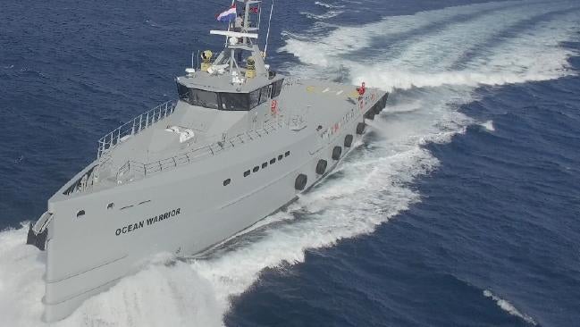 <em>Ocean Warrior </em>is the latest addition to Sea Shepherd’s fleet. This long-range speedster is equipped with a red canno