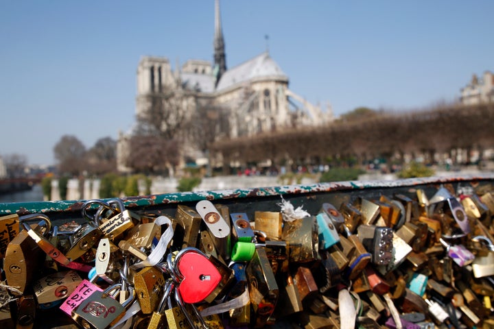 The Pont des Arts near <a href="https://www.huffpost.com/topic/notre-dame" target="_blank">Notre-Dame</a> in Paris, Fran
