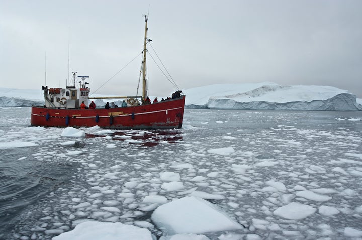 Icebergs that have broken off the Sermeq Kujalleq ice sheet, Qaasuitsup, Greenland.