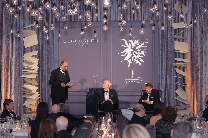 Charles Taylor, center, accepts the Berggruen Philosophy Prize from Kwame Anthony Appiah at the New York Public Library on De